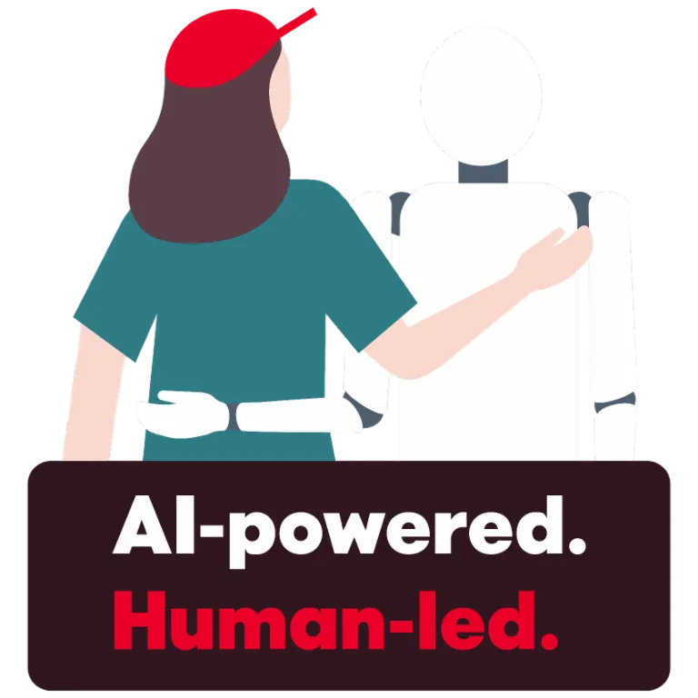 Ilustracija prikazuje osobu koja prijateljski stavlja ruku oko robota. Ispod se nalazi tekst "AI-powered. Human-led.", koji simbolizuje saradnju između ljudi i veštačke inteligencije.