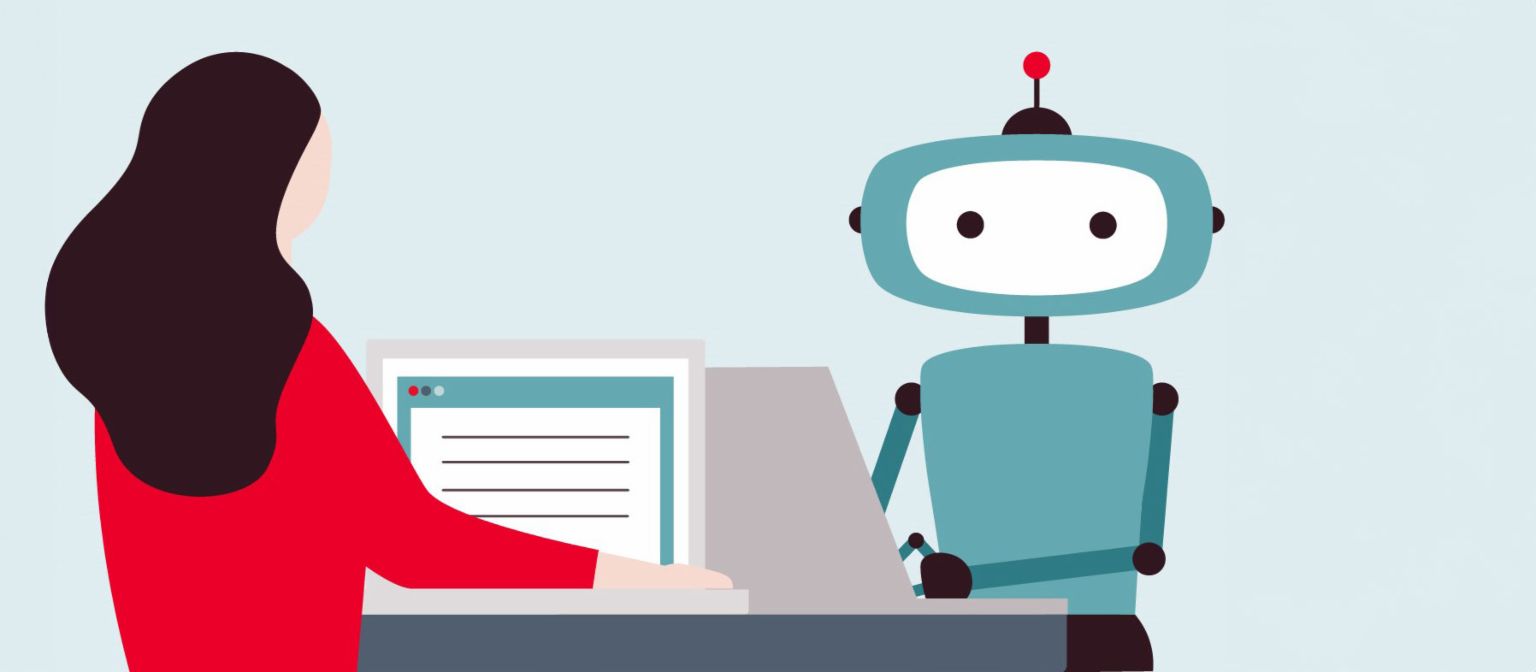 Prikaz žene ispred računara okrenute prema robotu