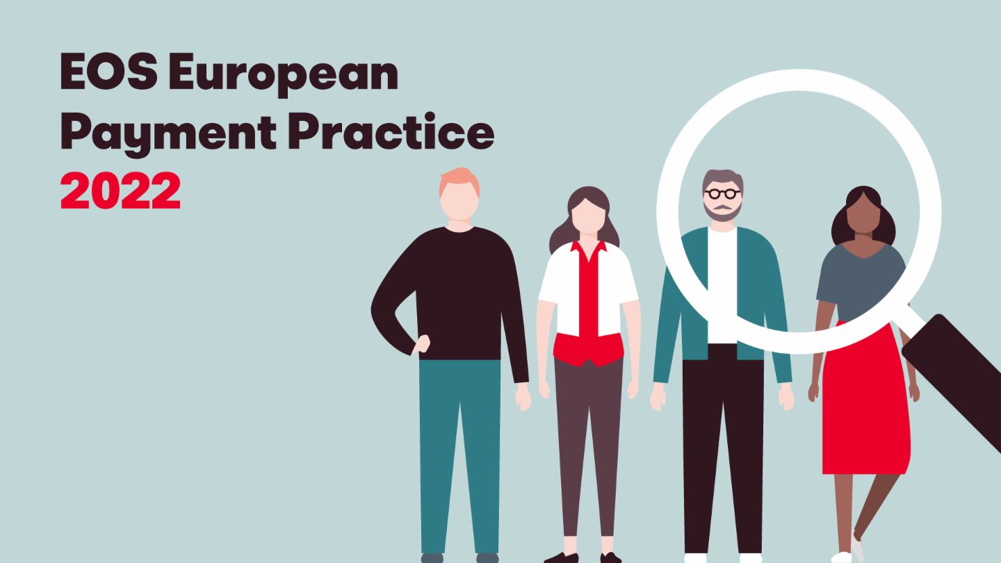 Ilustracija koja prikazuje četiri različite osobe i lupu, uz tekst "European Payment Practise EOS study 2022". Ova slika predstavlja godišnje istraživanje EOS-a o evropskom platnom ponašanju i trendovima.