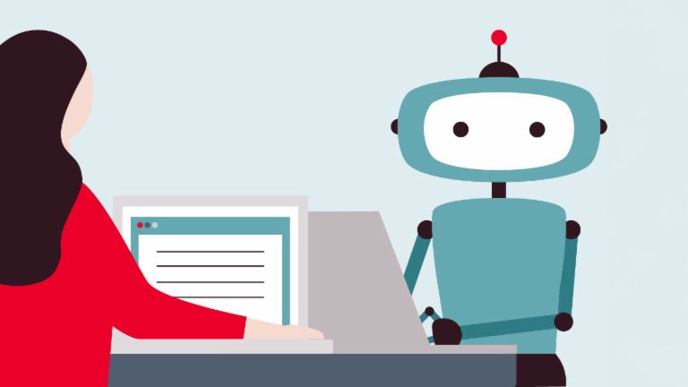 Prikaz žene ispred računara okrenute prema robotu