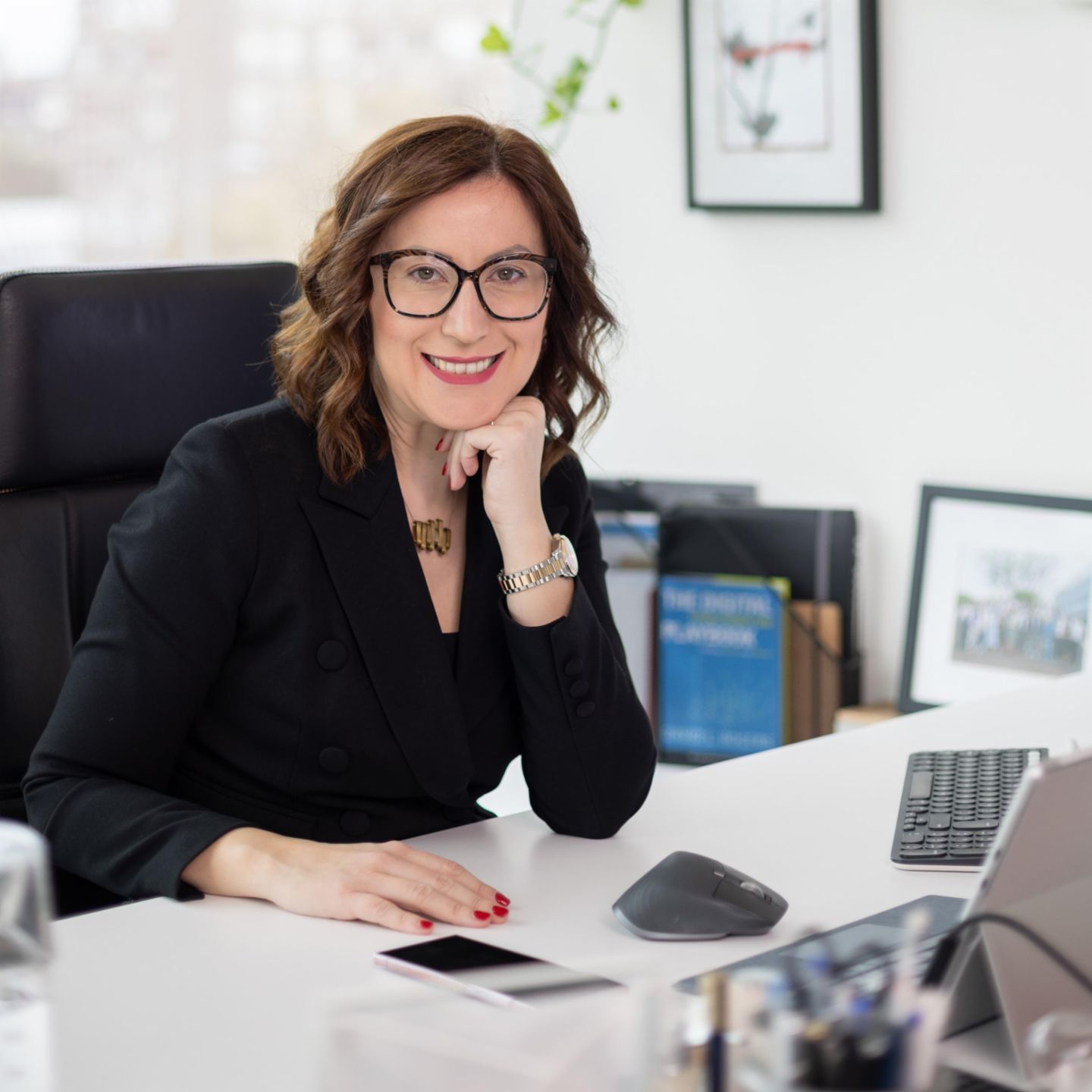 Plant, Executive, Wristwatch, Glasses, Adult, Female, Computer-Keyboard, Woman, Person, Mobile-Phone