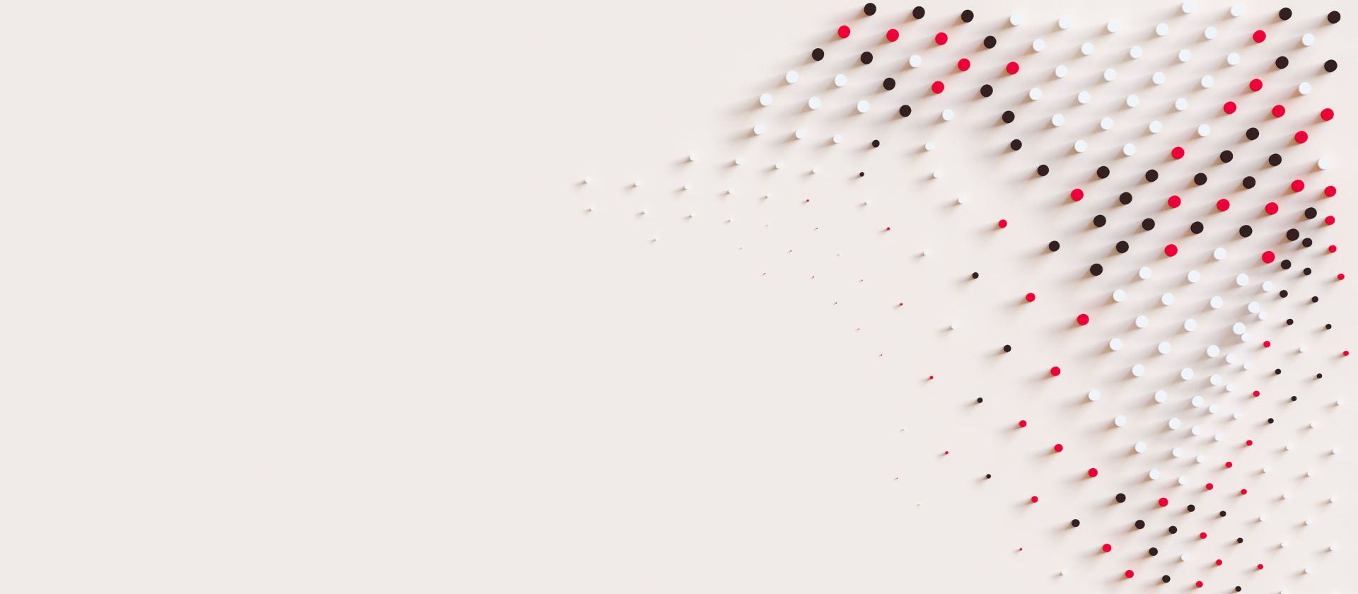 Dinamička grafika sa crvenim, belim i crnim tačkama koje simbolizuju kretanje i inovaciju u upravljanju potraživanjima u EOS-u.