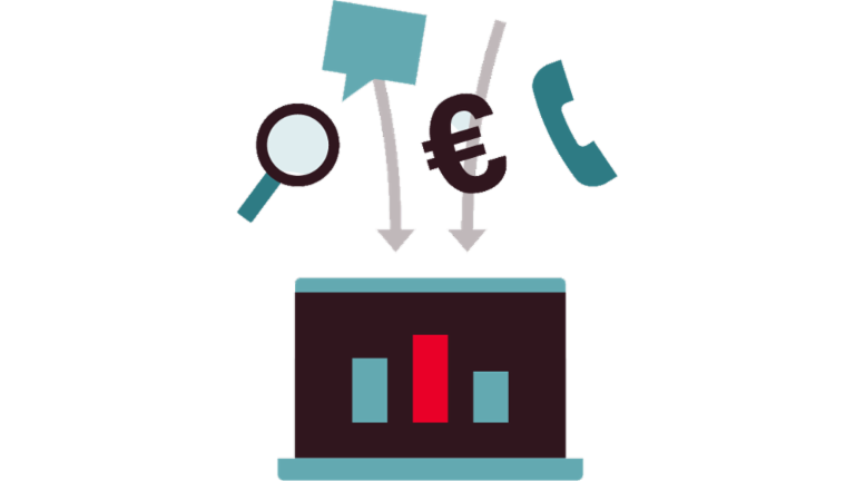Illustration of a computer showing data and Icons like Euro sign and telephone above it.