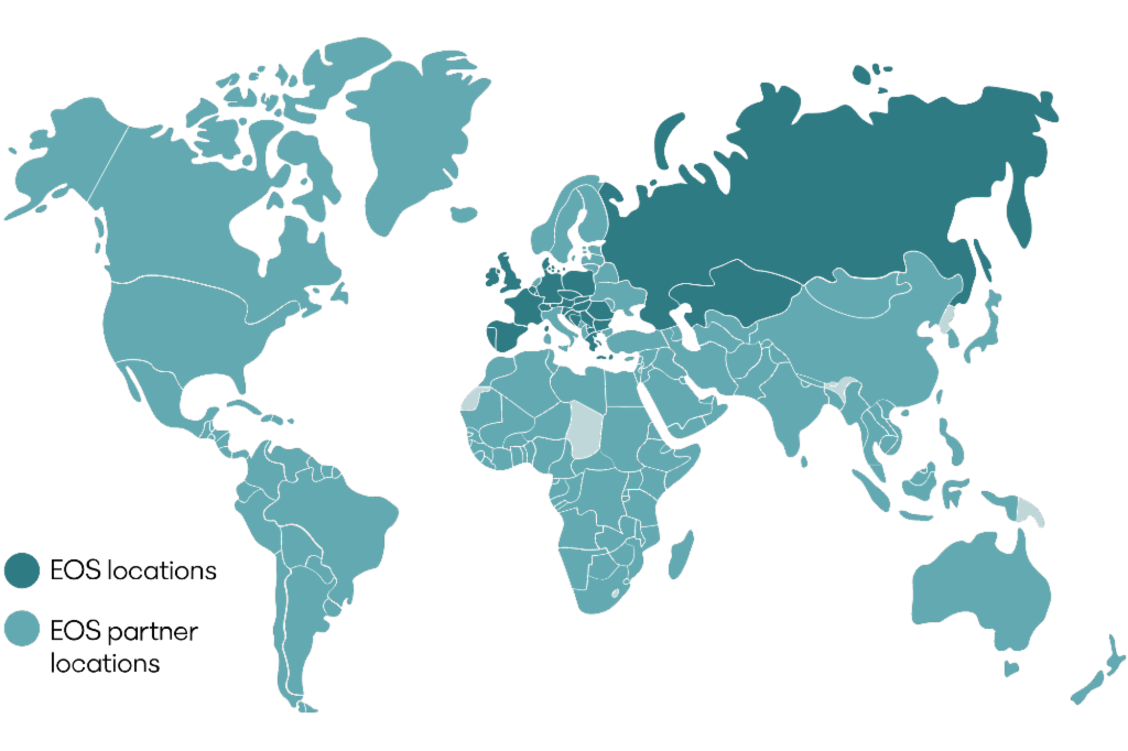 Illustrated world map in green hues depicting EOS locations and partner countries