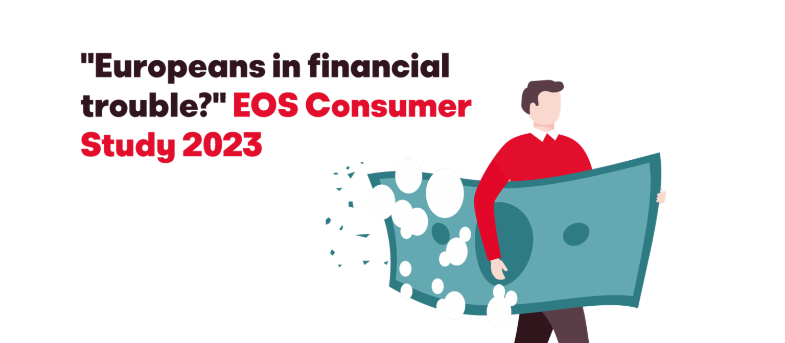Ilustracija čoveka koji nosi veliku raspadajuću novčanicu, sa tekstom 'Evropljani u finansijskim problemima? EOS Consumer Study 2023'.
