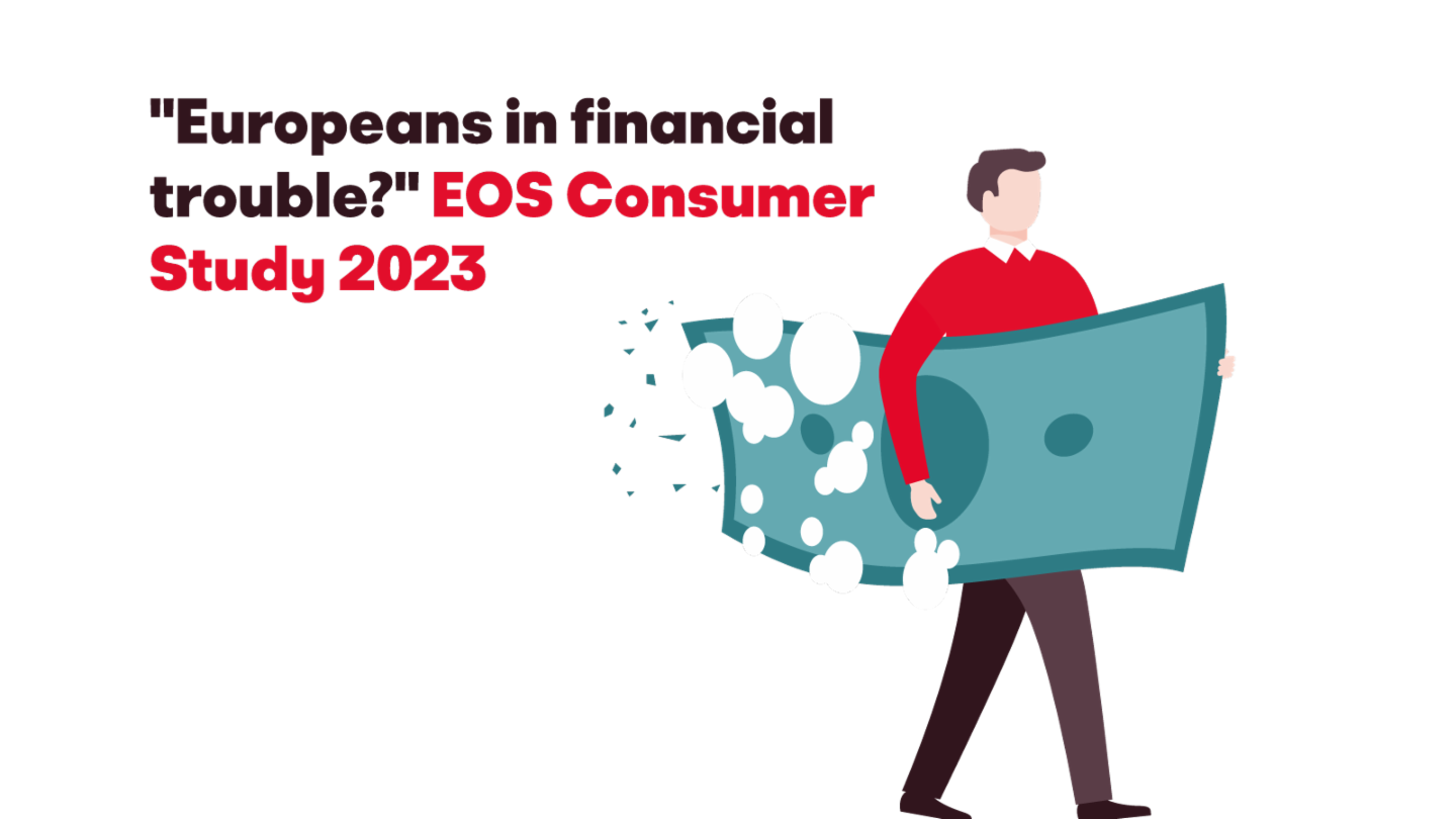 Ilustracija čoveka koji nosi veliku raspadajuću novčanicu, sa tekstom 'Evropljani u finansijskim problemima? EOS Consumer Study 2023'.