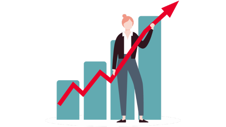 Illustration of a woman holding an upward trending curve in front of a bar chart.