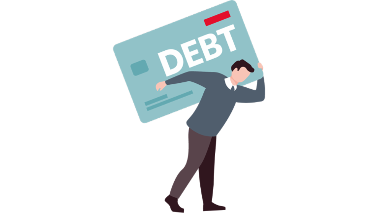Illustration of a man carrying an oversized banking card saying "Debts".