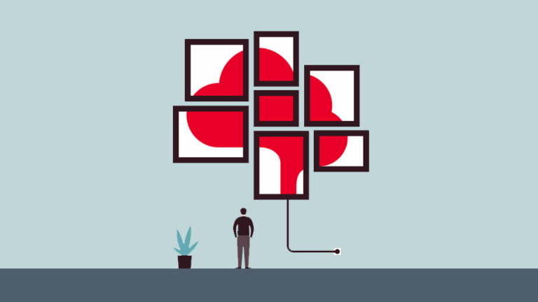 An illustration depicts a person standing and looking at a collection of framed, abstract artworks on a wall. The artworks consist of white backgrounds with various red shapes, including circles and curved lines. The frames are dark brown. A power cord extends from one of the frames down to an outlet. To the left, there is a potted plant. The wall is teal, and the floor is gray. The person is facing the artwork with their back to the viewer.
