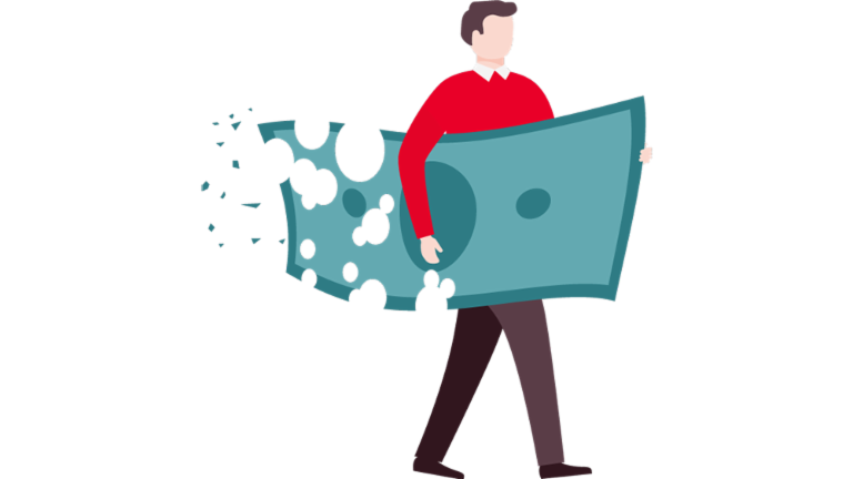 Illustration of a man with a dwindling banknote.